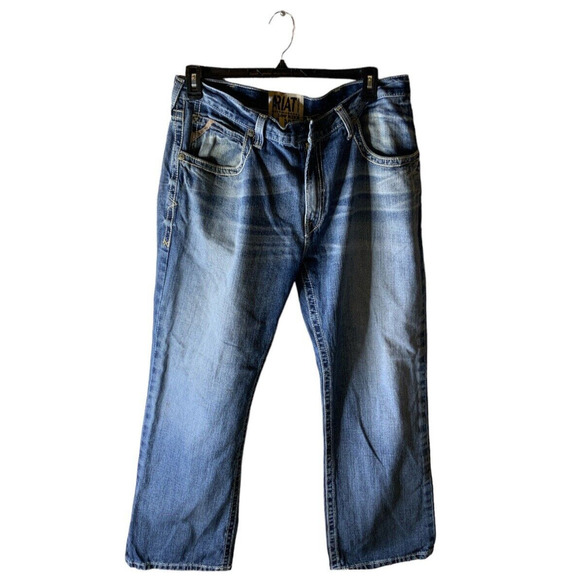 Ariat M4 Denim Jean Men 38X30 Low Rise Bootcut Whiskers Stonewash Baggy Fit Blue - Picture 1 of 11